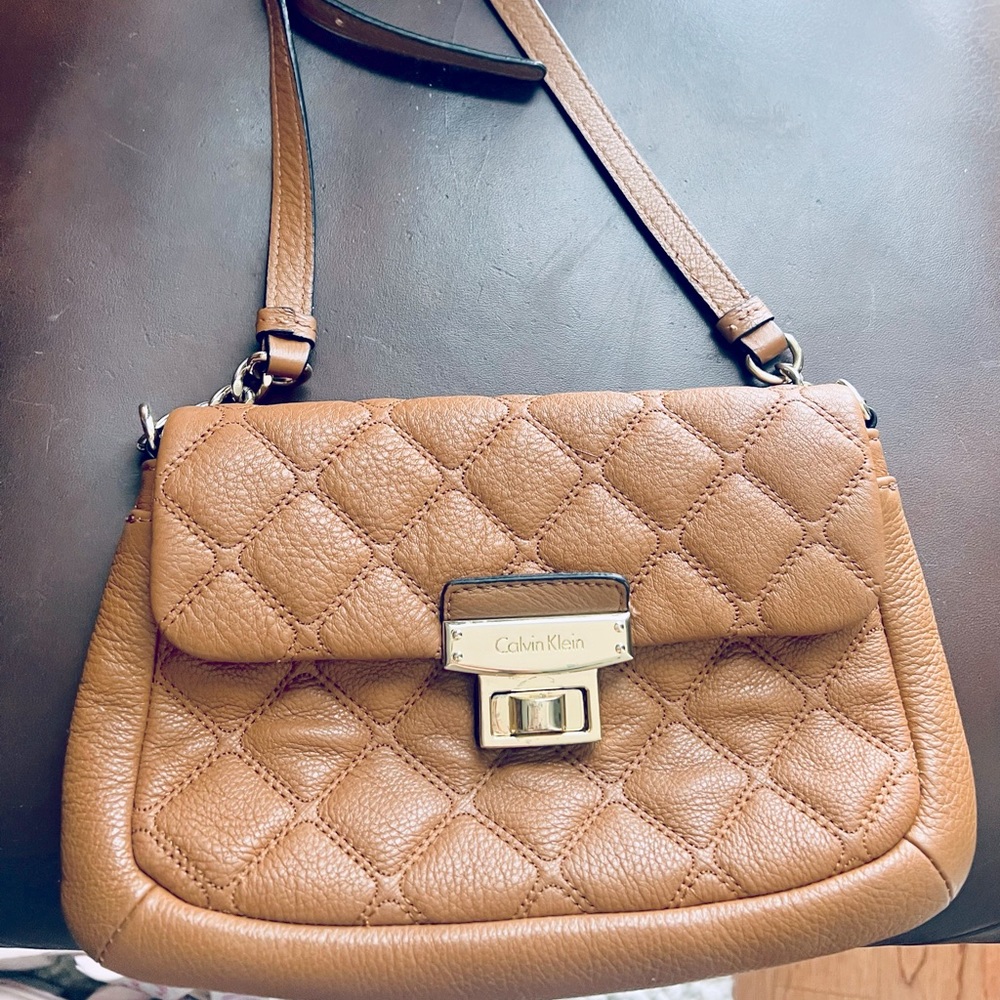 Calvin Klein small quilted camel leather cross body purse